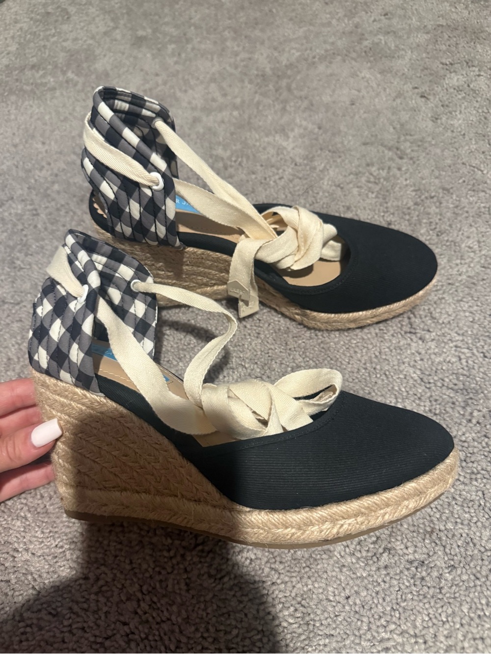 Draper James Black and Cream Lace-Up Espadrille Wedges